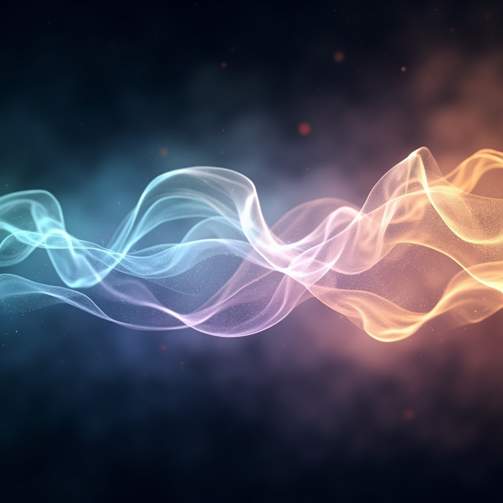 A serene, abstract visualization of glowing, flowing light waves representing human energy fields and emotional harmony.