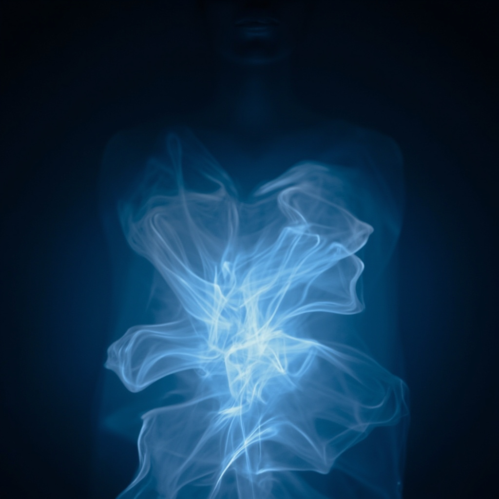 A calm, abstract visualization of light patterns expanding outward from the center of a human chest area, representing the release of tension and fluid breathing.