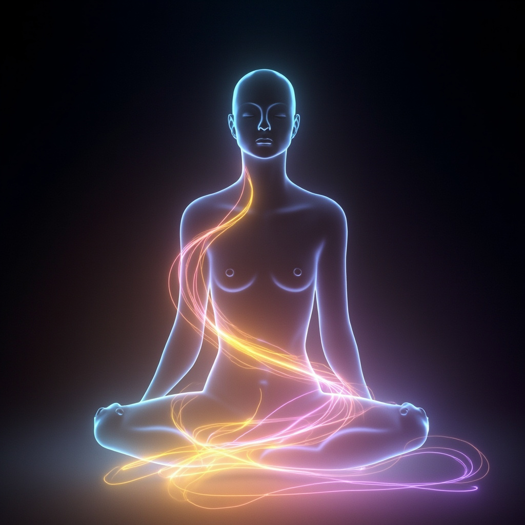 A serene, abstract visualization showing glowing, harmonious light waves flowing through a calm human silhouette, representing the balance of frequencies and inner peace.