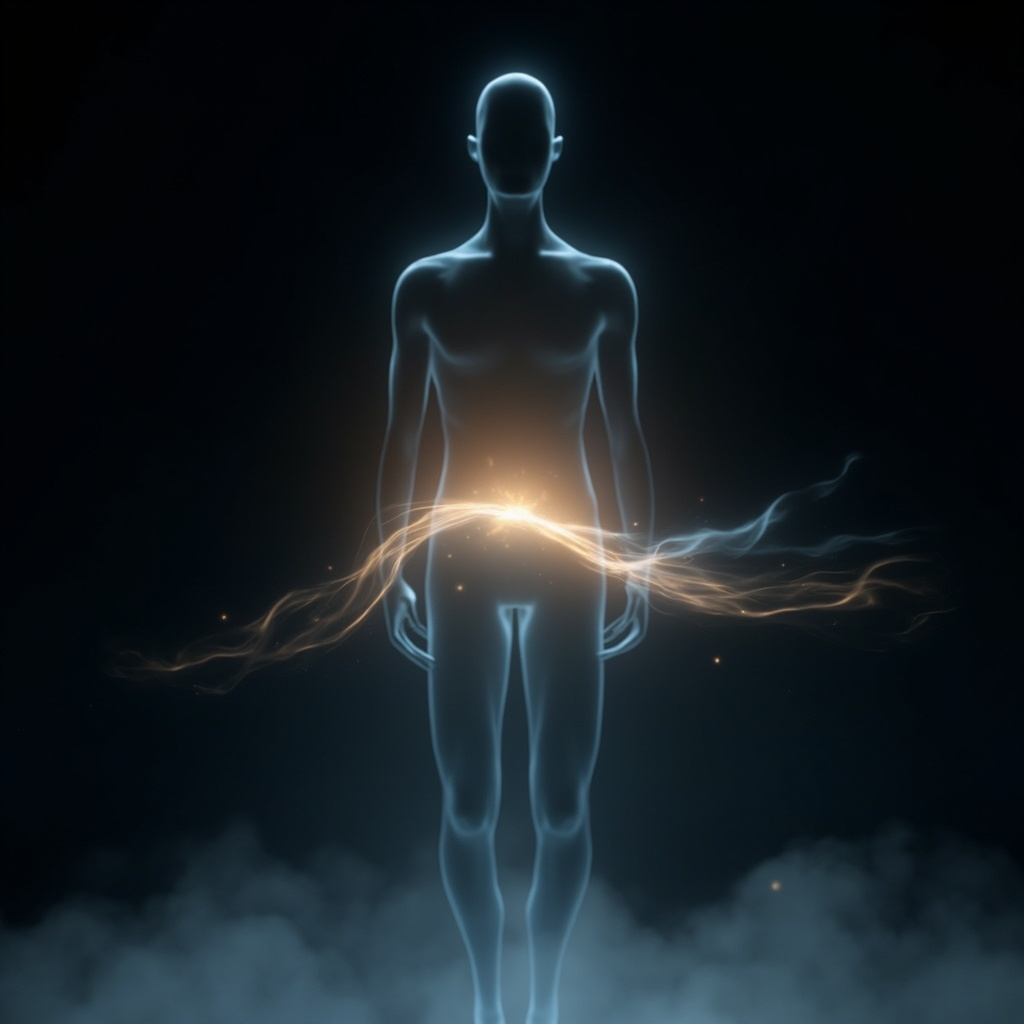 A serene, abstract visualization of a glowing, harmonious light wave flowing through a calm human silhouette, representing the balance of electrical activity and inner peace.