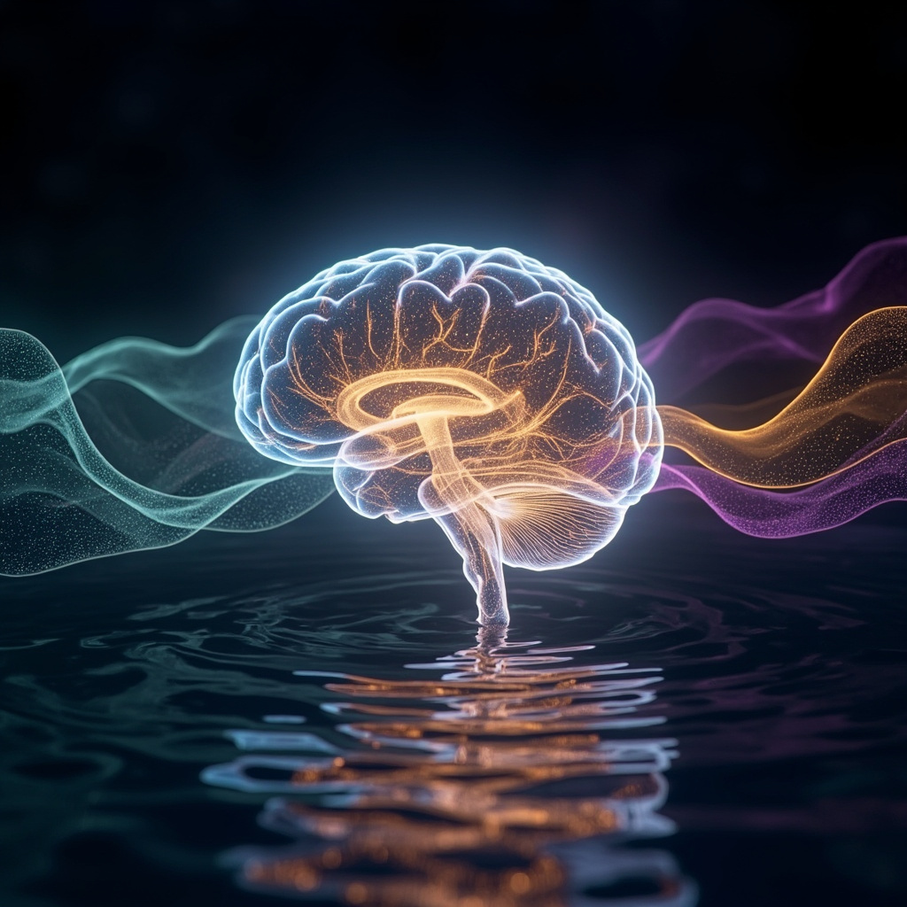A high-quality, abstract visualization of a glowing, healthy human brain connected to soft, rhythmic light waves, symbolizing harmony and mental clarity.