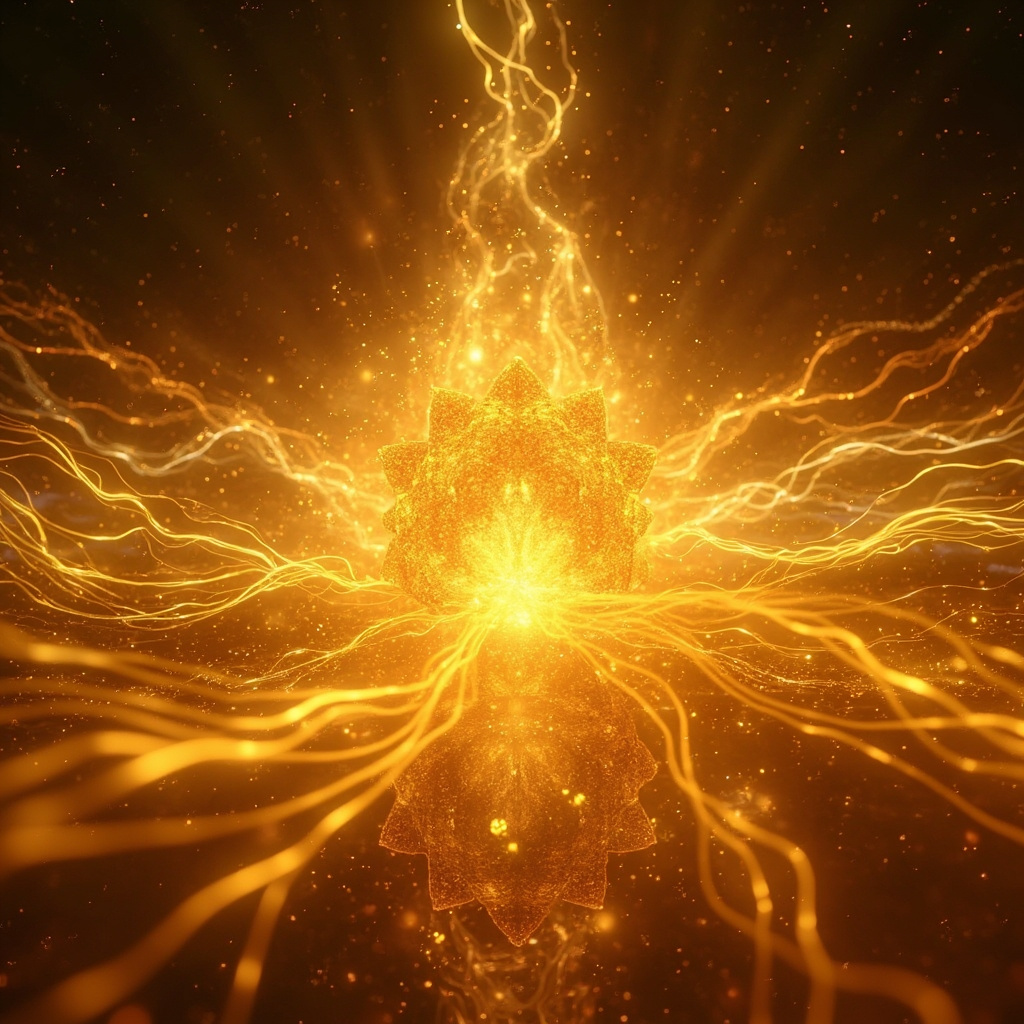 A serene, abstract visualization of light waves and human energy fields blending into a harmonious, glowing golden structure, symbolizing internal balance and clarity.