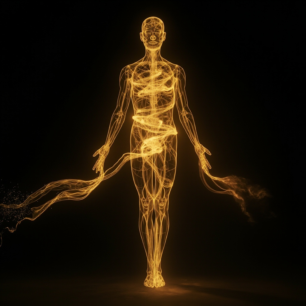 A calm, abstract visualization of flowing golden energy lines moving through a human silhouette, symbolizing the transition from stagnation to movement.