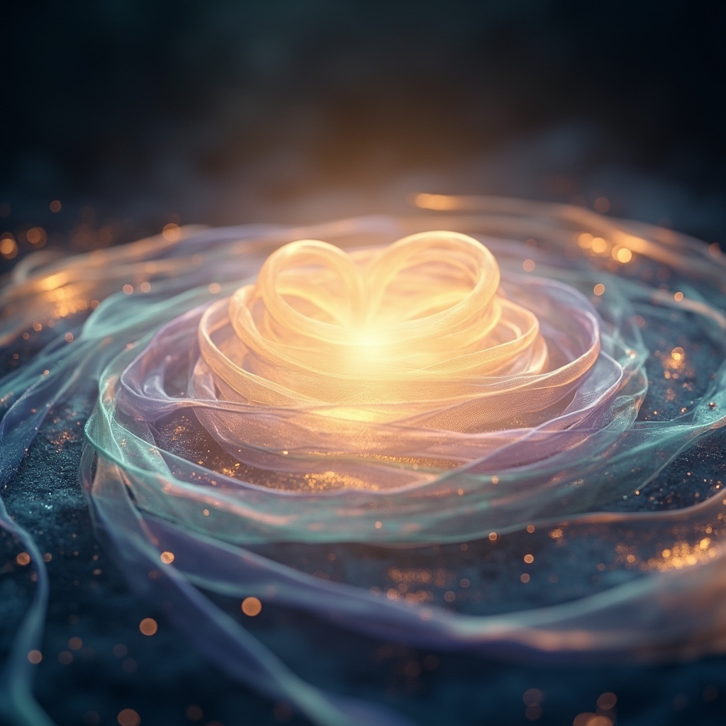 A serene, abstract visualization of a glowing heart center surrounded by soft, rhythmic light waves, symbolizing energy flow and emotional balance.