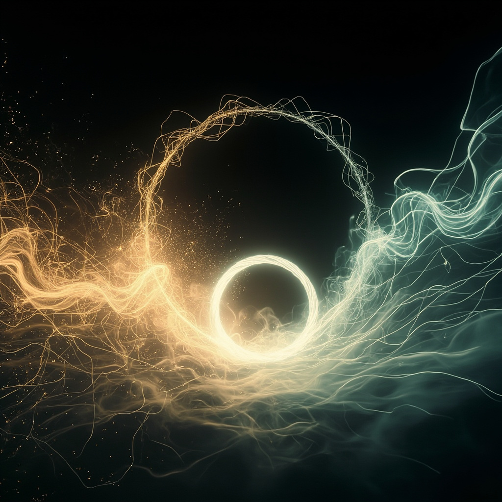 A serene, abstract visualization of soft, flowing light waves transitioning from a chaotic, jagged pattern into a smooth, harmonious circular structure, representing the shift from sensitivity to calm.