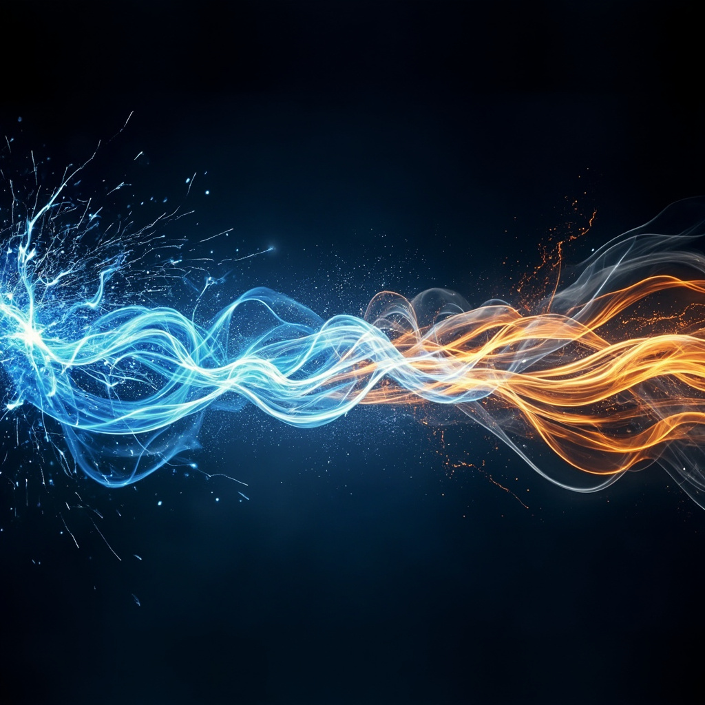 A serene, abstract visualization of flowing light waves transitioning from a chaotic, jagged pattern into a smooth, rhythmic, calm blue and gold energy field, high resolution, minimalist style.