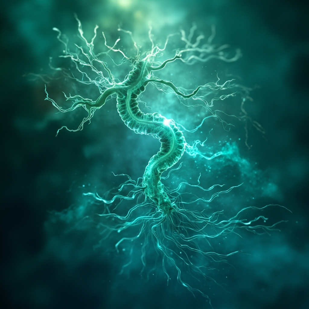 A serene, abstract visualization of light-filled bronchial structures branching out like tree roots, transitioning into soft, calming blue and green energy waves.