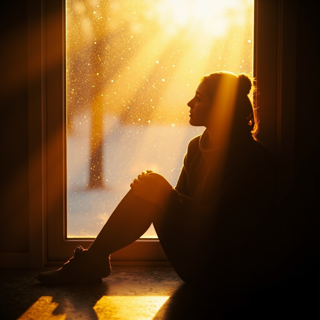A high-quality, atmospheric image of a person sitting by a window with soft, warm golden light filtering through, creating a sense of peace and inner warmth during a cold winter day.