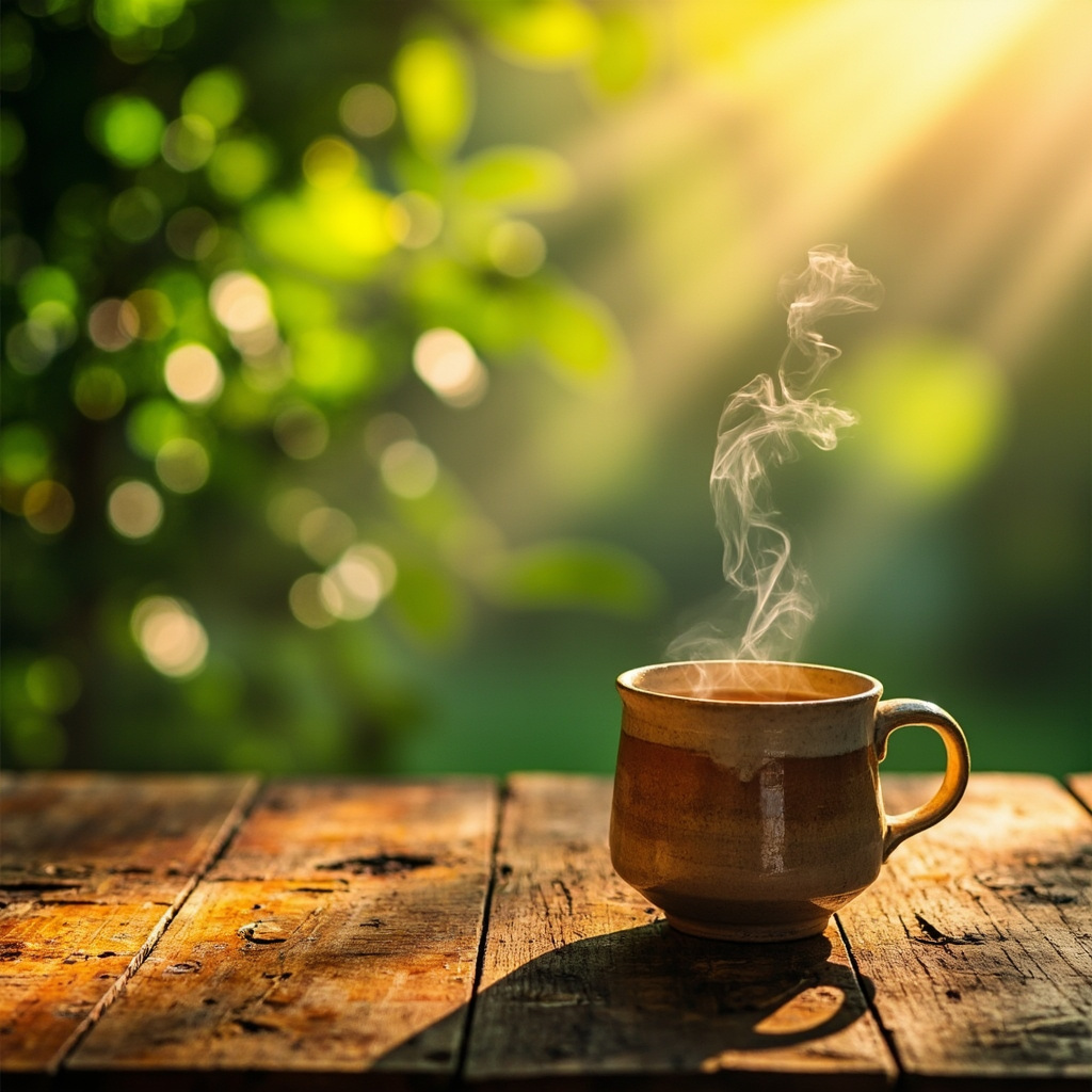 A warm, sunlit scene featuring a steaming ceramic mug of herbal tea on a wooden table, with soft-focus greenery in the background to evoke a sense of peace and sensory comfort.