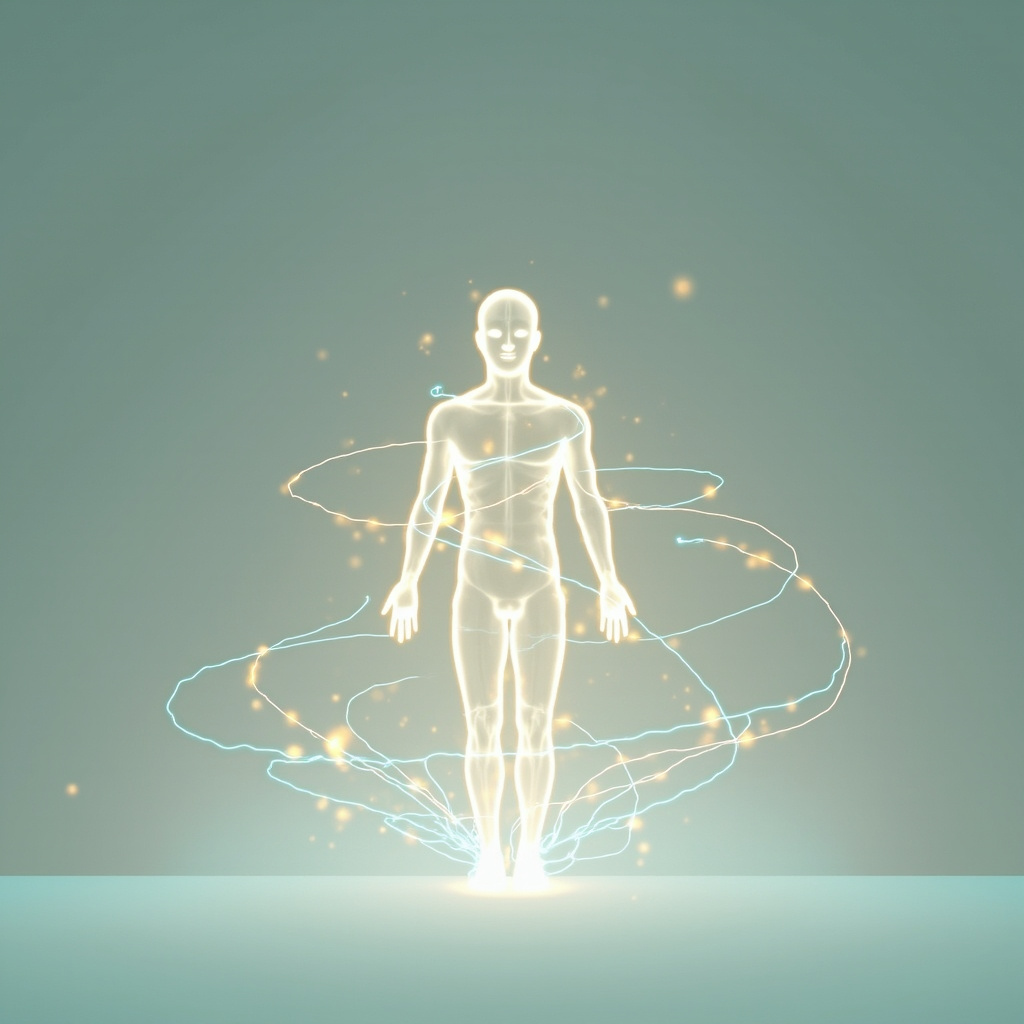 A calm, minimalist illustration showing a human silhouette with soft, glowing lines representing balanced electrical energy flowing through the body, set against a clean, serene background.