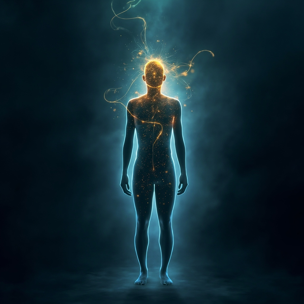 A serene, abstract digital illustration showing glowing nodes of light connected by soft, flowing energy lines within a human silhouette, symbolizing internal harmony and mental clarity.