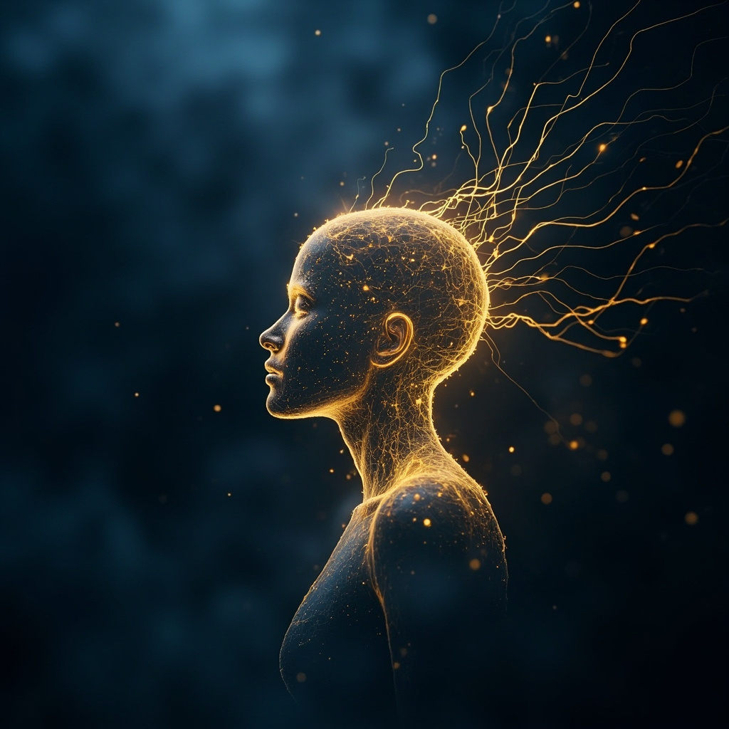 A serene, abstract digital art piece showing glowing, interconnected golden threads of light representing electrical pathways in the human form, balanced against a calm, deep blue background.