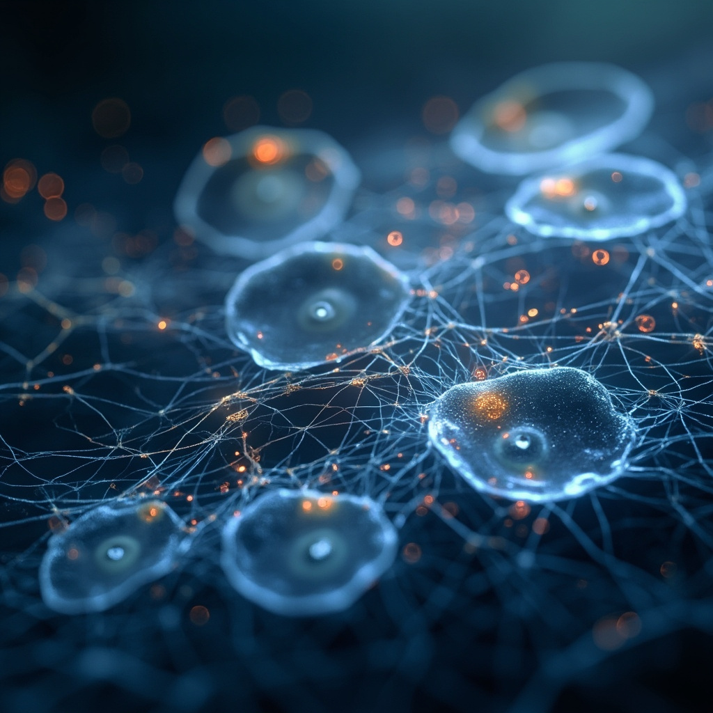 A serene, abstract digital art piece showing glowing, interconnected cellular structures forming a harmonious network, soft blue and gold tones.