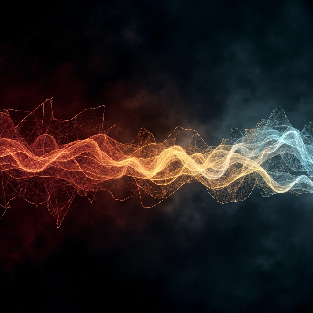 A soft, artistic depiction of a glowing, interconnected neural network transitioning from a jagged, red-tinted structure into a smooth, flowing, golden-blue wave of light.