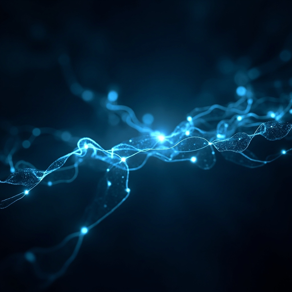 A calm, abstract visualization of glowing, interconnected electrical pathways within a human silhouette, representing the harmony between body, mind, and energy.