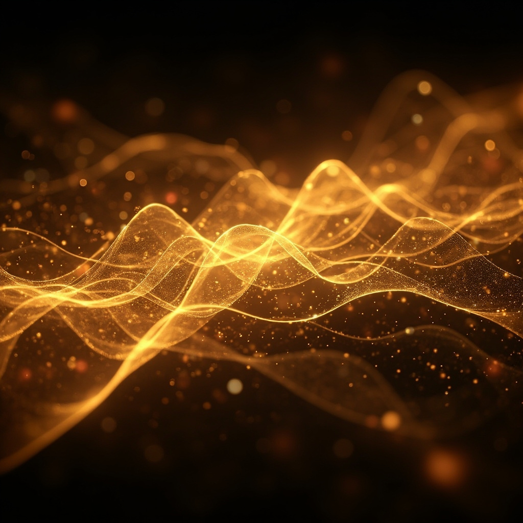 A serene, abstract visualization of glowing, interconnected golden neural pathways forming a gentle, rhythmic wave pattern, symbolizing balance and inner harmony, soft ambient lighting.