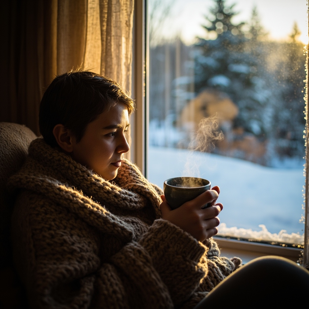 A cozy, warm-toned interior scene with soft lighting, a steaming cup of tea, and a person wrapped in a soft blanket looking out at a tranquil, slightly misty winter landscape, capturing a feeling of inner peace and seasonal warmth.