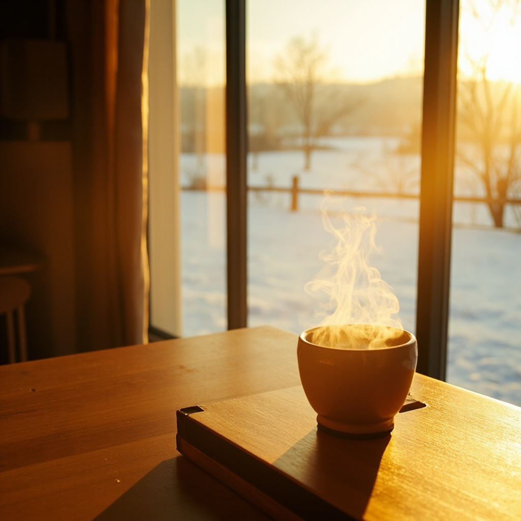 A cozy, serene indoor setting with soft, warm golden lighting, a steaming cup of tea on a wooden table, and a view of a gentle, peaceful winter landscape through a window.