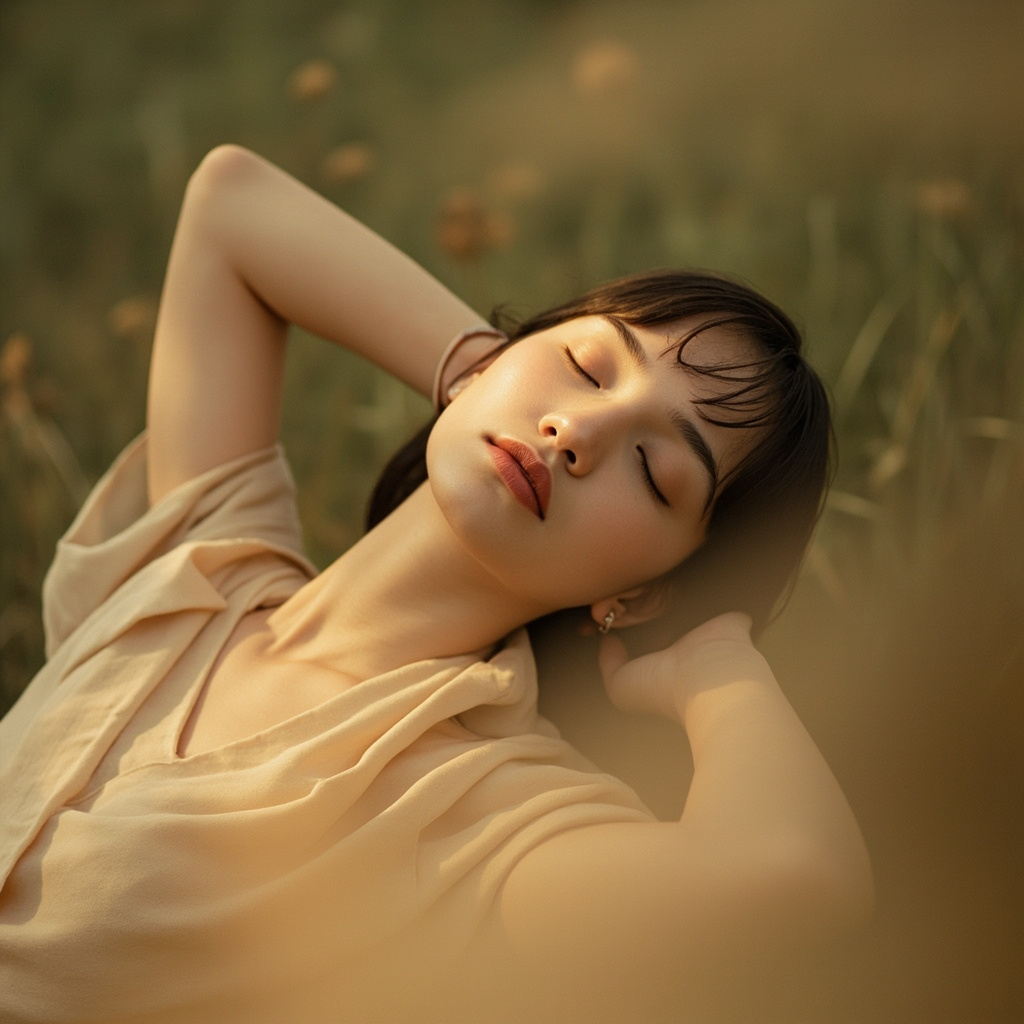 A calming, minimalist photograph of a person in a peaceful, natural setting, gently stretching their neck with an expression of relief and serenity, soft warm lighting.