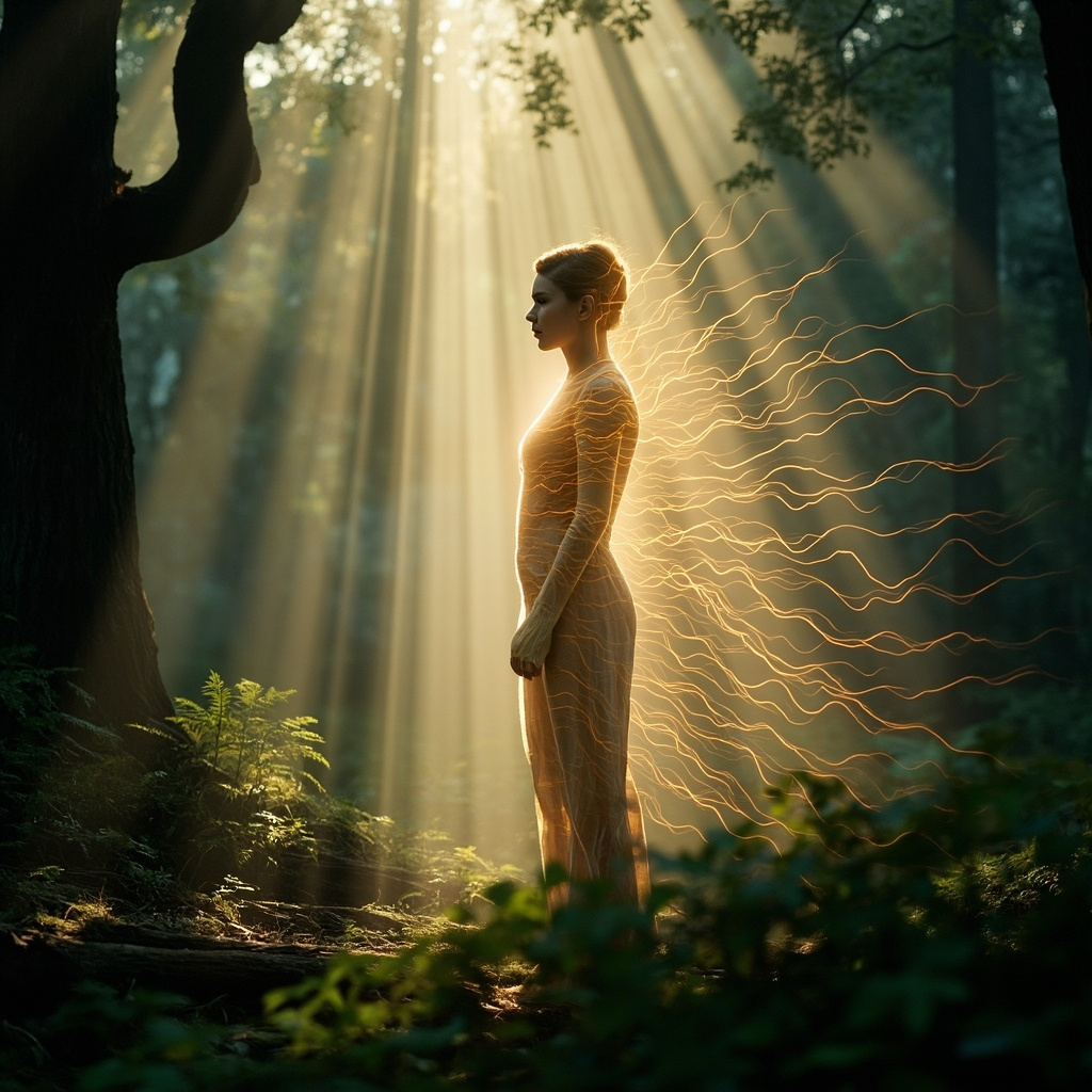 A high-quality, calm image of a person standing in a peaceful nature setting, with a subtle, glowing, abstract golden wave pattern overlaying their silhouette to represent internal energy and coherence.