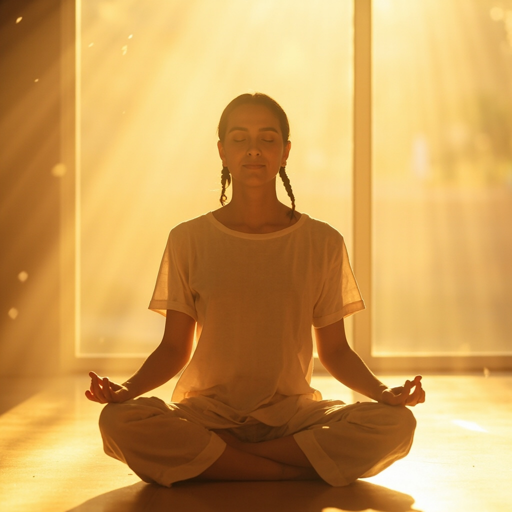 A person sitting peacefully in a sunlit room, focusing on their breath with a calm, serene expression, soft focus background.