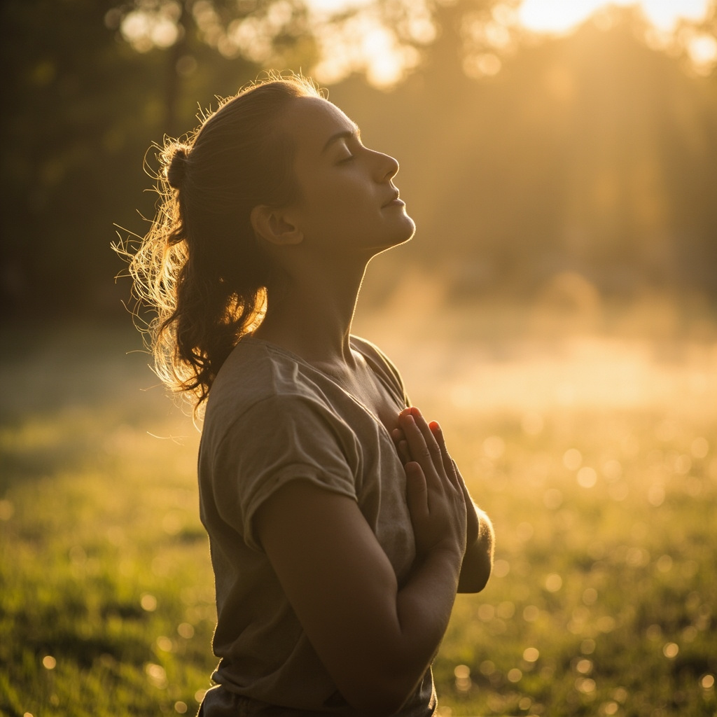 A high-quality, calming photograph of a person in a peaceful outdoor setting, practicing deep breathing with their hands resting gently on their ribcage, soft morning light, serene atmosphere.