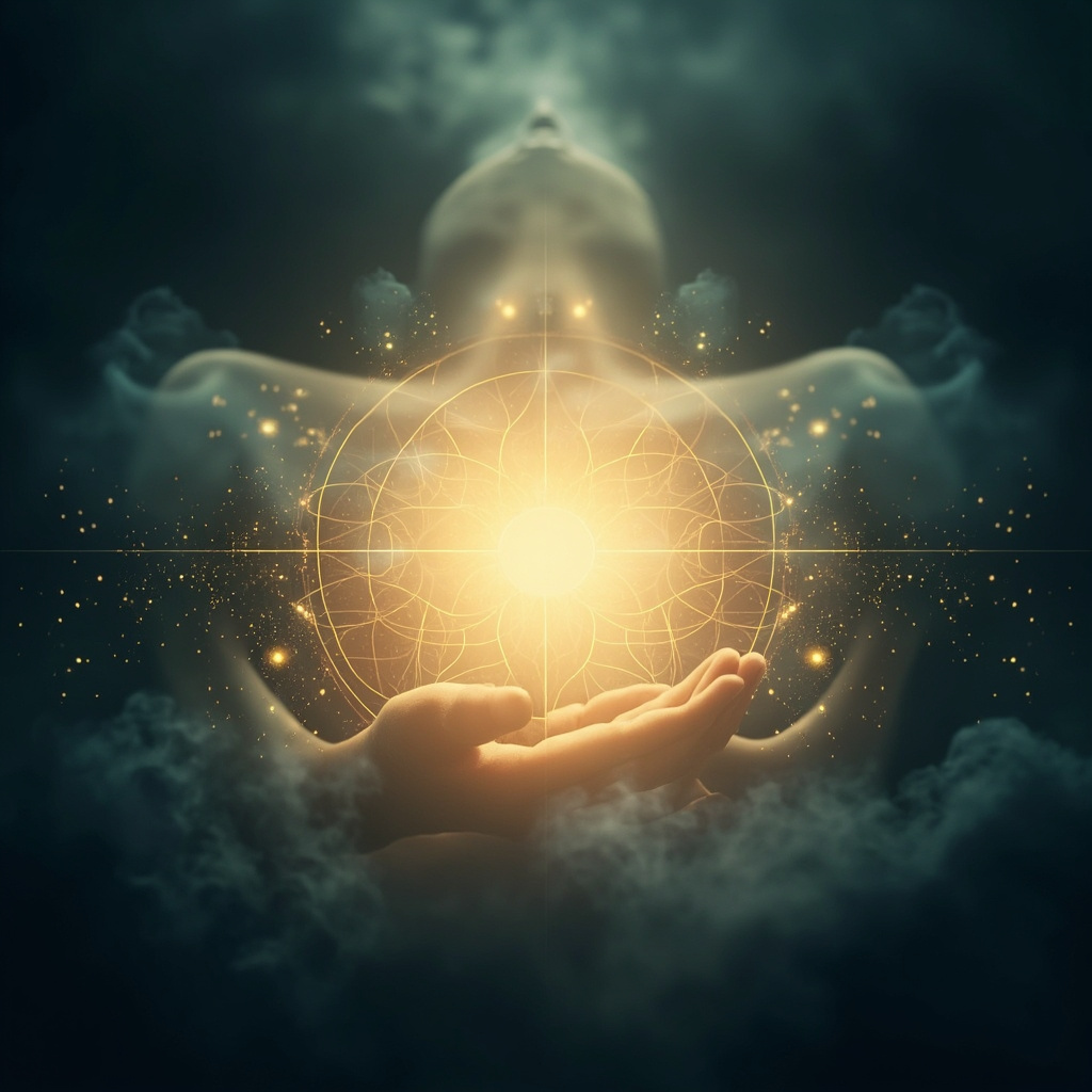 A soft, artistic depiction of a glowing, balanced center in the chest area, radiating calm light and harmonious geometric patterns, professional and serene style.
