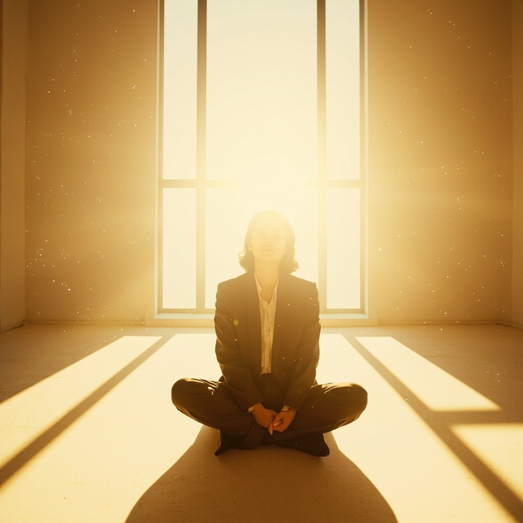 A calm, professional image of a person sitting in a quiet, sunlit space with a soft, glowing light representing inner harmony.