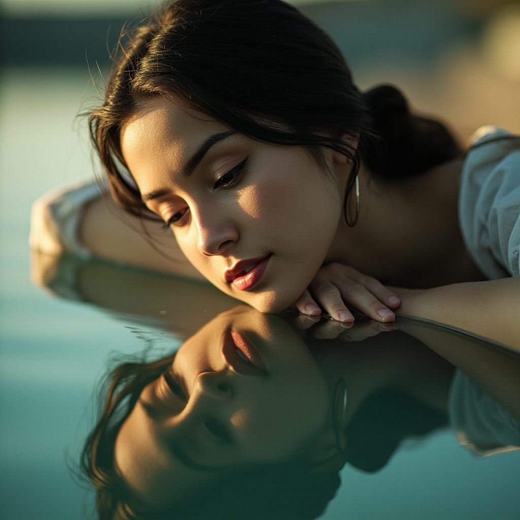 A soft-focus, artistic portrait of a person reflecting in a calm body of water, symbolizing the connection between inner emotional state and outer expression, professional, serene lighting.