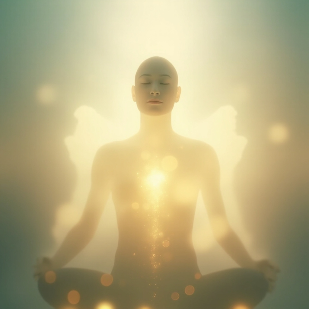 A soft, ethereal image showing a glowing, gentle light emanating from within a human silhouette, symbolizing inner healing and the release of emotional tension, professional and calming aesthetic.