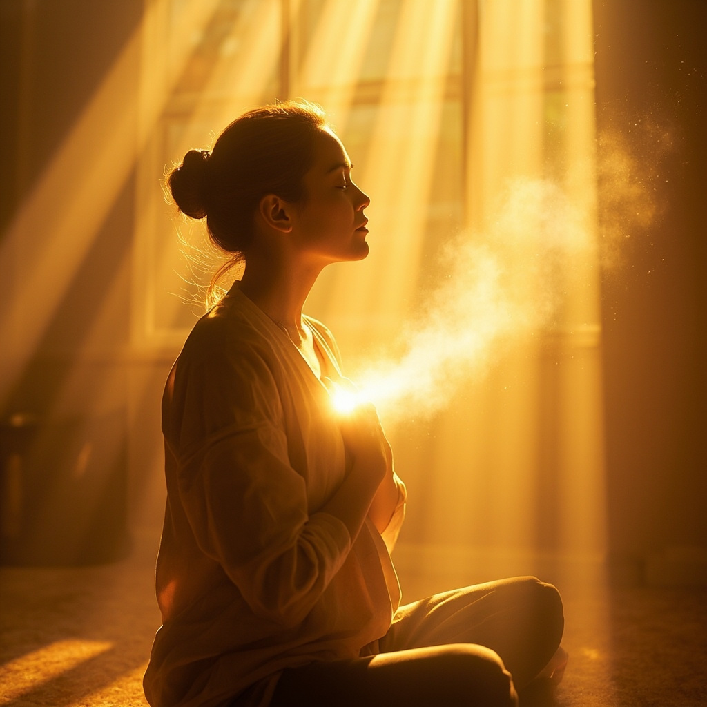 A soft-focus, ethereal image of a person sitting in a quiet, sunlit room, with hands resting gently on their chest, radiating a sense of calm and golden, flowing light.