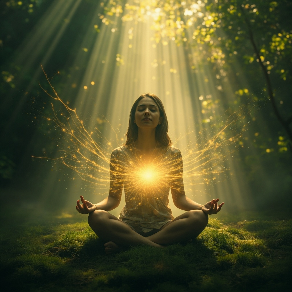 A soft, ethereal image of a person sitting in a peaceful, natural environment, with glowing, gentle golden threads of light connecting their heart center to the surrounding atmosphere, symbolizing reconnection and inner peace.