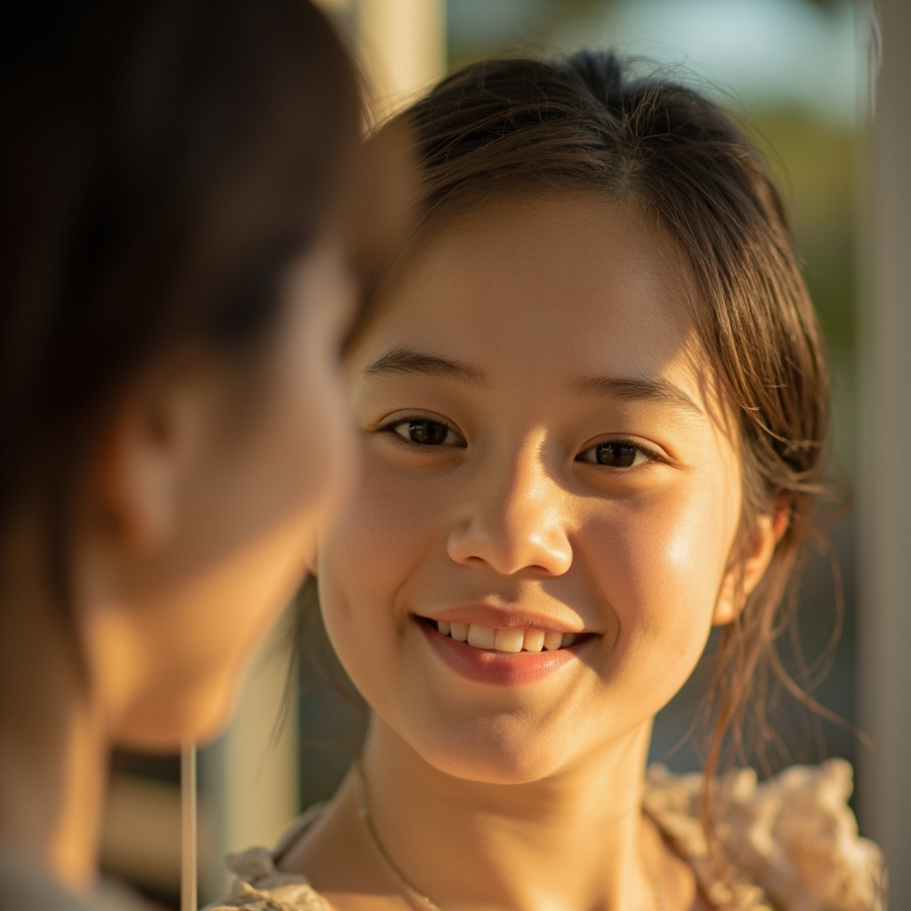 A soft-focus, serene portrait of a person looking into a mirror with a gentle, authentic smile, symbolizing emotional release and self-reconnection.