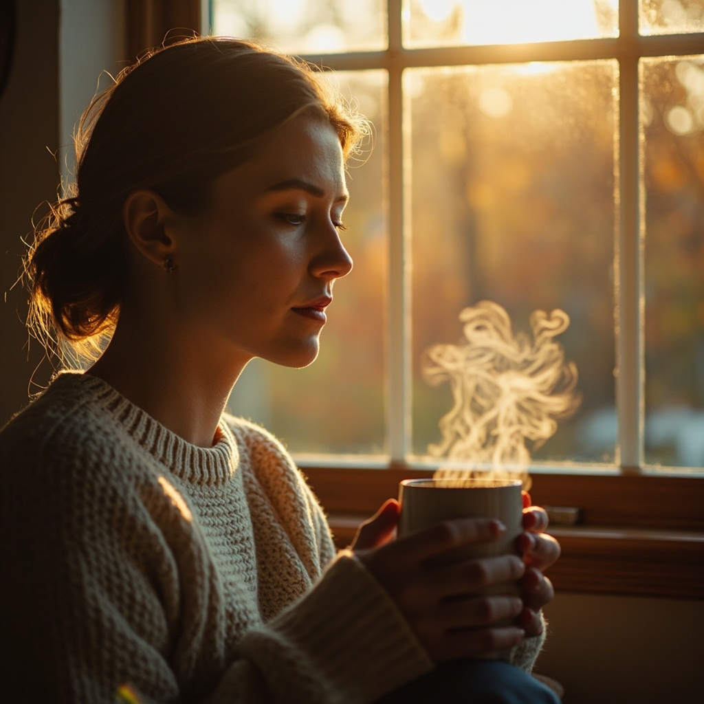 A warm, soft-focus image of a person sitting by a window with gentle morning light, holding a warm mug, reflecting a sense of inner peace and seasonal harmony.