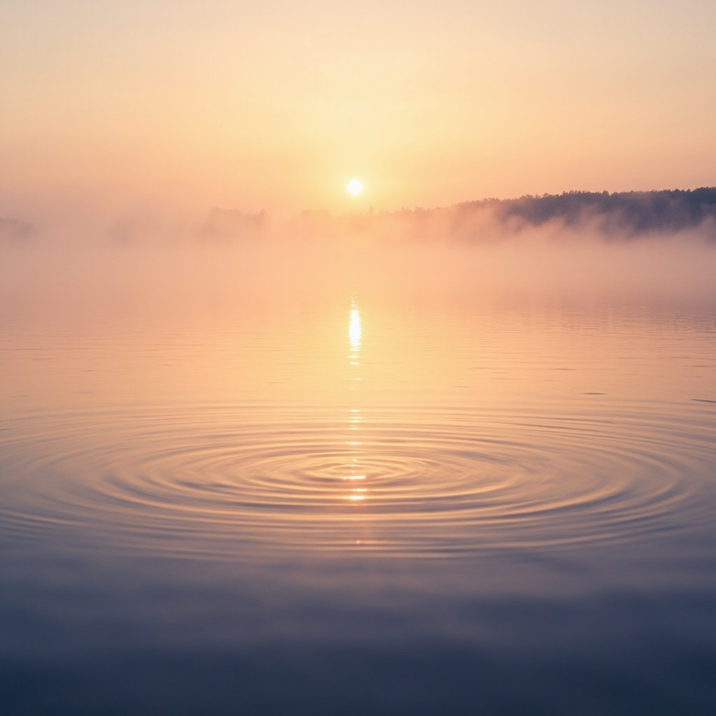 A high-quality, serene image of a calm, reflective lake at dawn, with soft, golden light and ripples creating a sense of gentle movement and harmony.