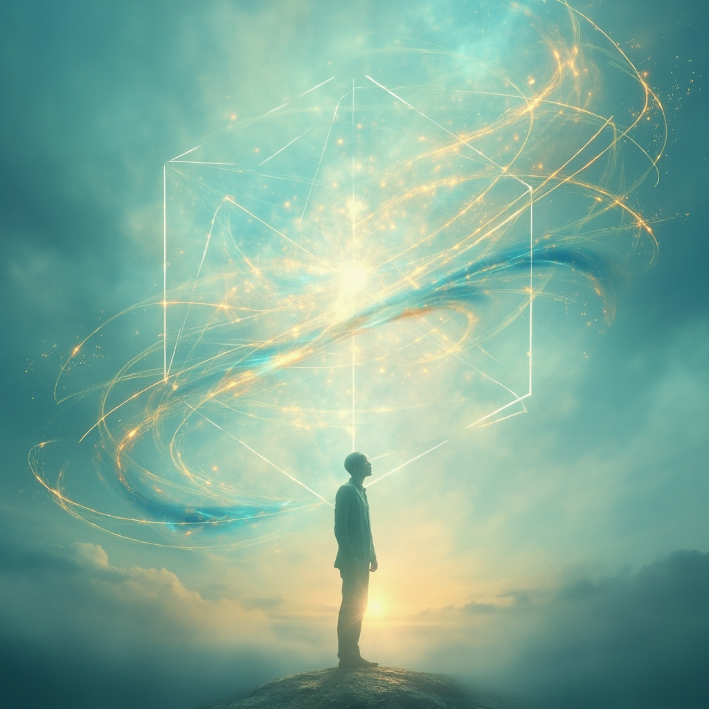 A serene, abstract representation of flowing light patterns connecting a human silhouette to a calm, balanced geometric structure, soft blue and gold tones.