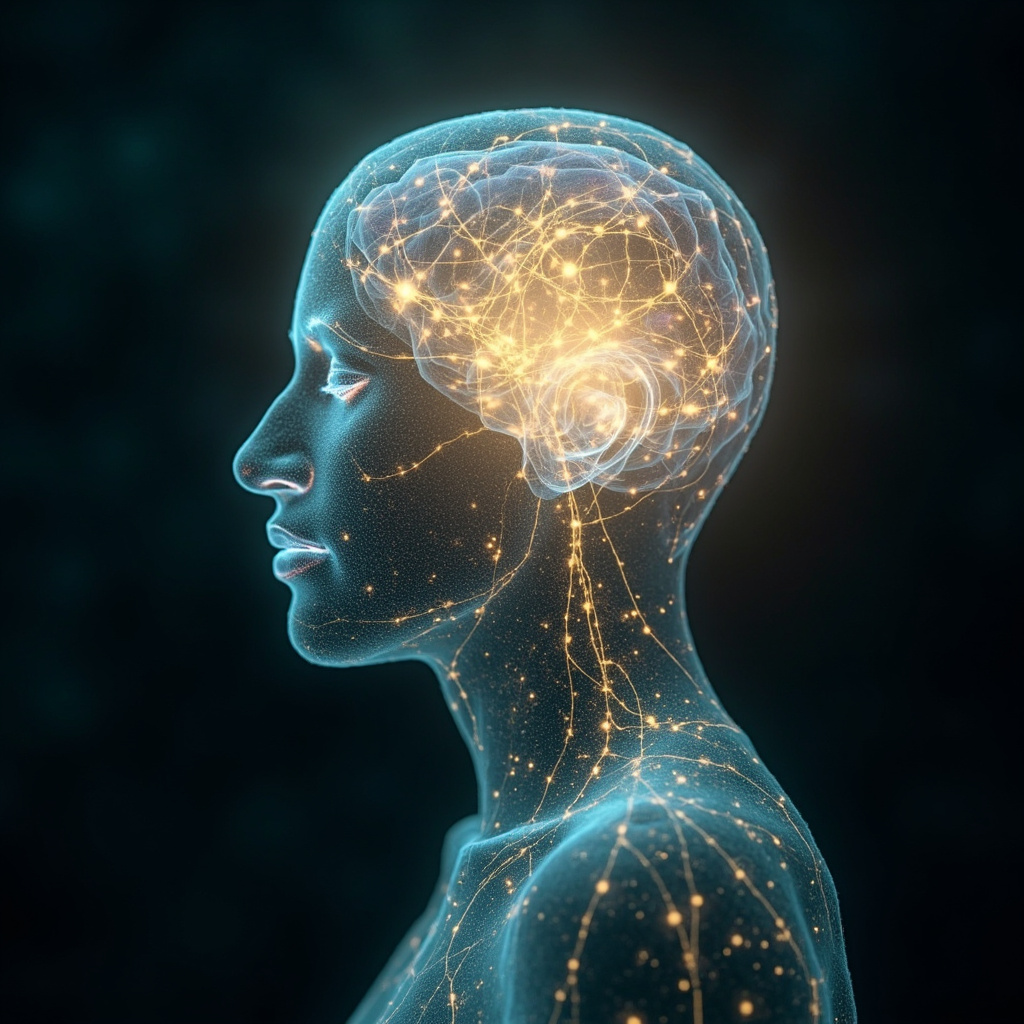 A serene, abstract artistic representation of the human head silhouette with soft, glowing light patterns and neural connections radiating from within, symbolizing clarity, peace, and energetic balance.
