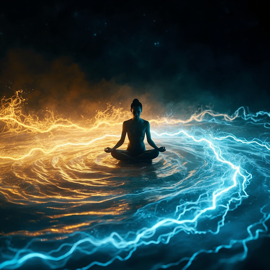 A serene, abstract digital representation of flowing golden and soft blue electrical waves merging with a calm, meditative human silhouette.