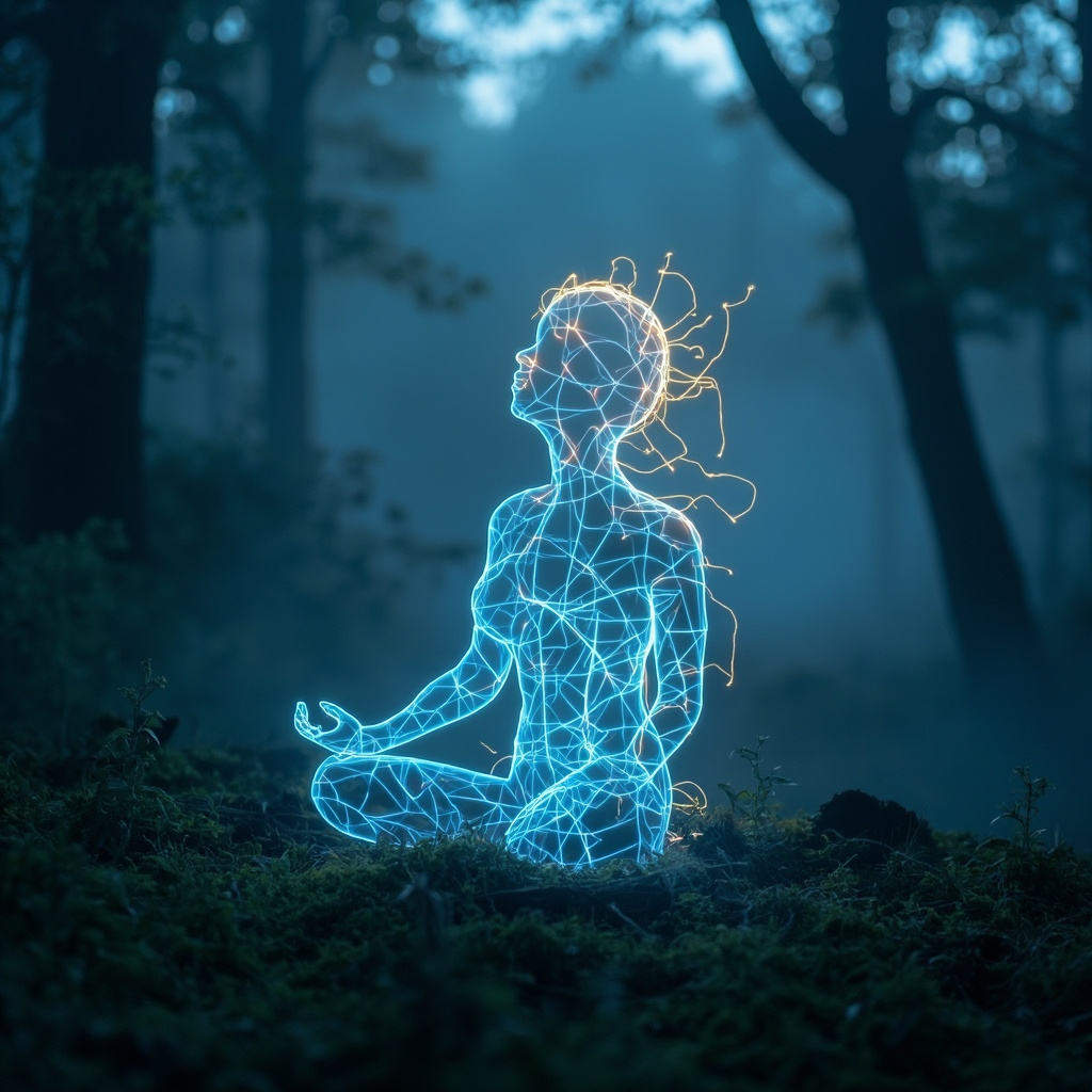 A serene, abstract digital representation of flowing electrical energy lines forming a peaceful human silhouette in a calm, natural environment.