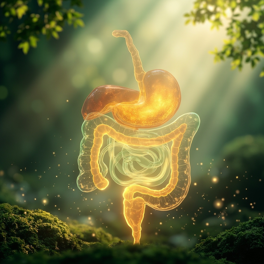 A serene, abstract representation of a calm, balanced digestive system glowing with soft, harmonious light in a peaceful, natural environment.