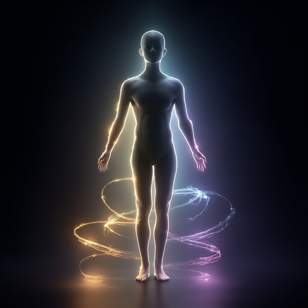 A serene, abstract representation of a human silhouette with glowing, balanced light frequencies flowing through it, symbolizing internal harmony and emotional stability.