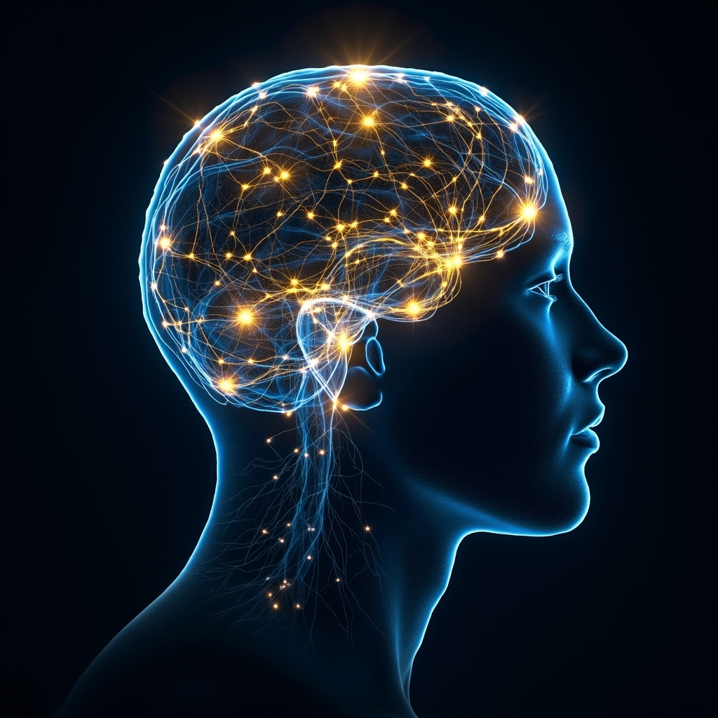 A high-quality, serene artistic representation of a human head silhouette with soft, glowing neural pathways illuminated in calming blue and gold light, symbolizing electrical harmony and mental clarity.