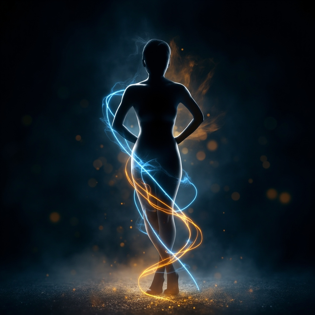 A calm, abstract representation of flowing electrical light patterns merging into a human silhouette, soft blue and gold tones, professional and soothing atmosphere.