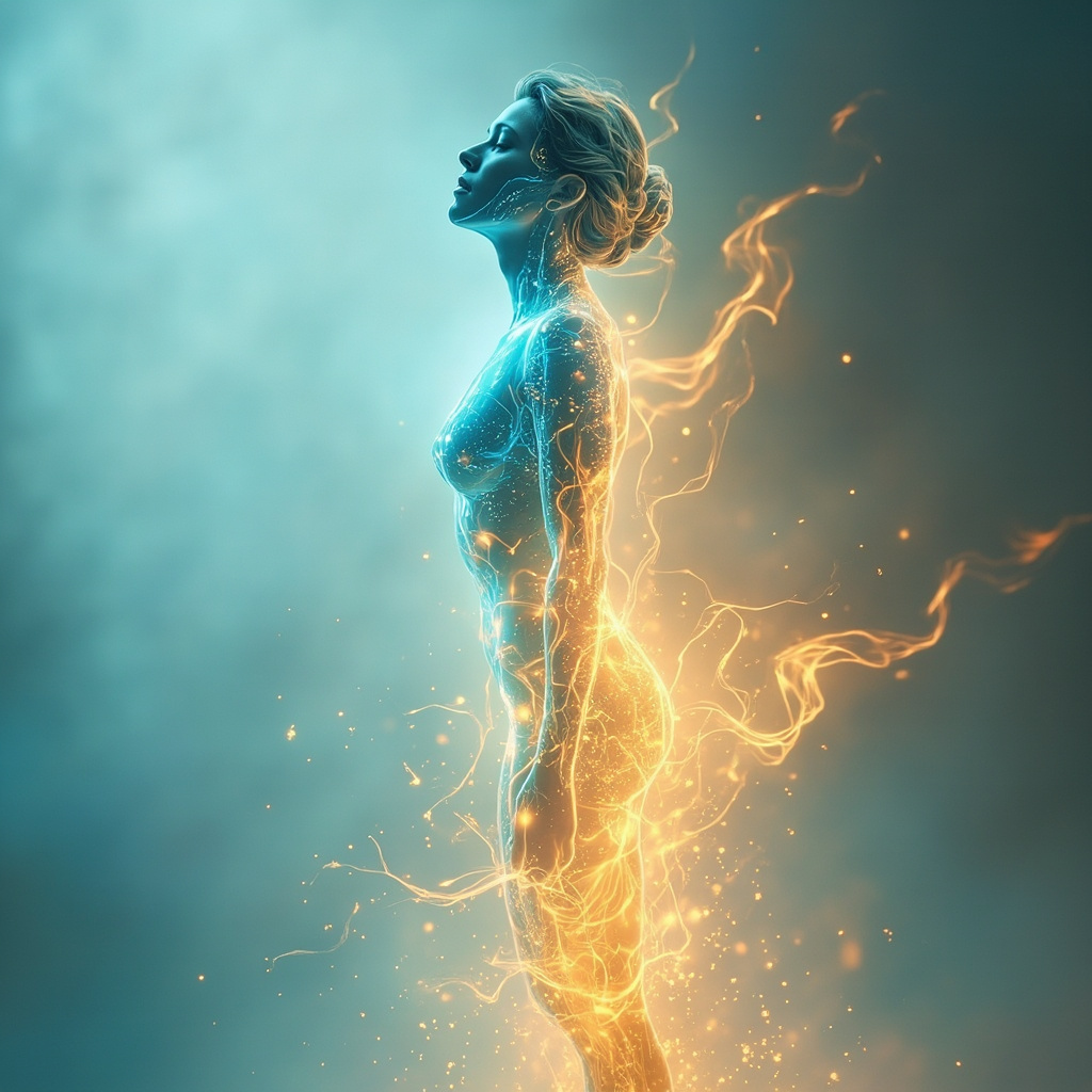 A serene, abstract representation of calm energy flowing through a human silhouette, featuring soft blue and gold light gradients, minimalist and professional style.