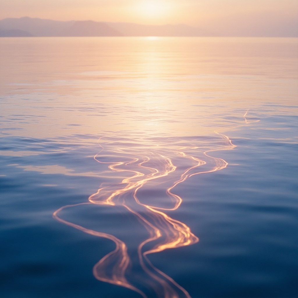 A serene, abstract representation of a calm lake at sunrise, with soft, flowing light patterns reflecting on the water to symbolize emotional clarity and inner balance.