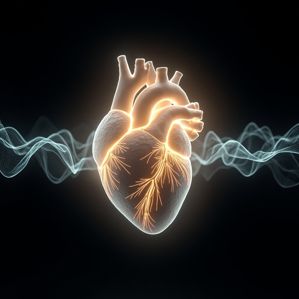 A calm, glowing stylized representation of a human heart integrated with soft, rhythmic light waves and geometric patterns representing harmony and balance.
