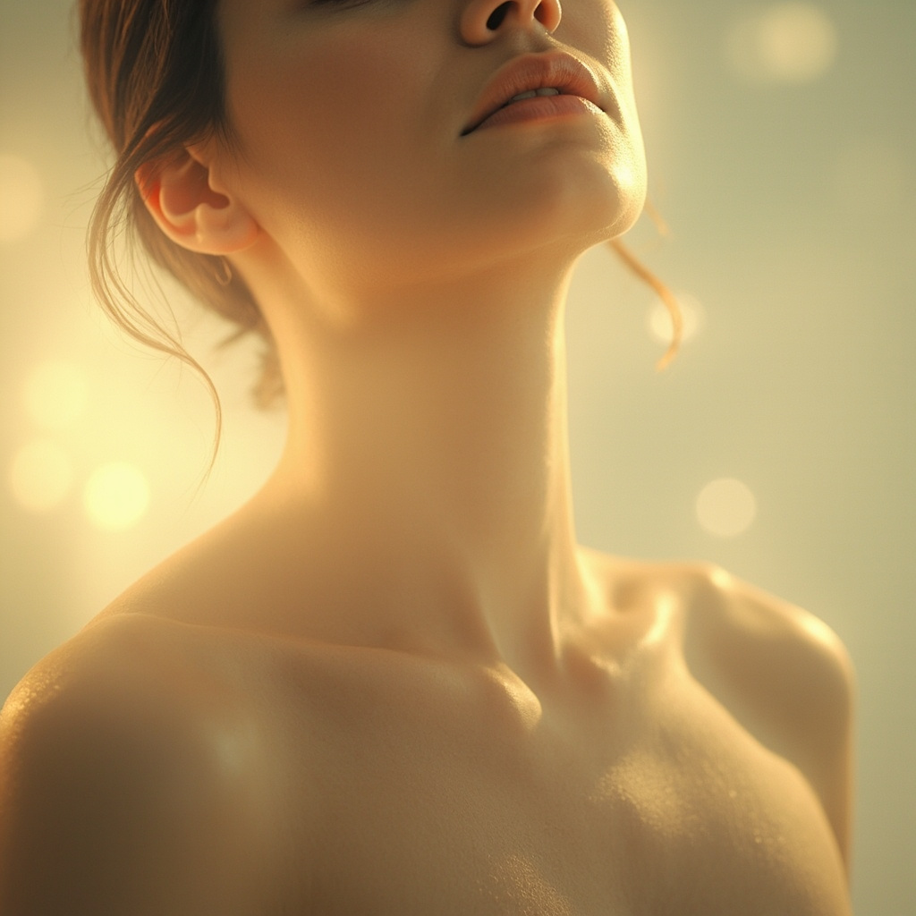 A serene, abstract representation of a person finding calm, with soft light focusing on the skin and shoulders, conveying a sense of gentle relief and emotional balance.