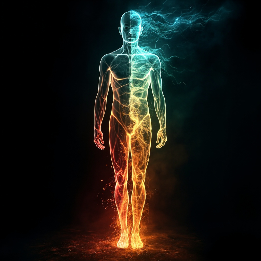 A serene, abstract representation of flowing energy lines within a human silhouette, shifting from a chaotic red/orange to a balanced, calming blue and green gradient.