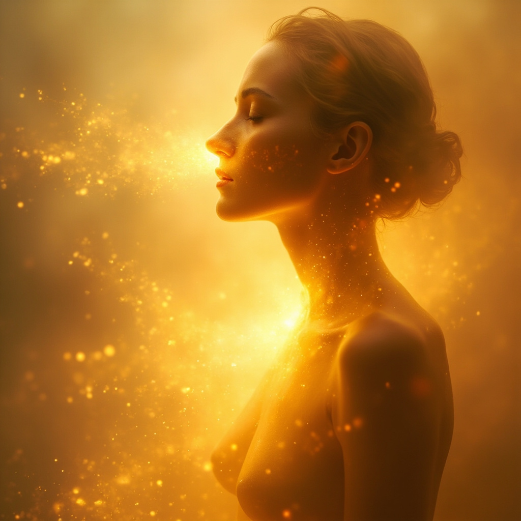 A soft, luminous abstract representation of a glowing core of golden energy radiating through a subtle, calm human silhouette.