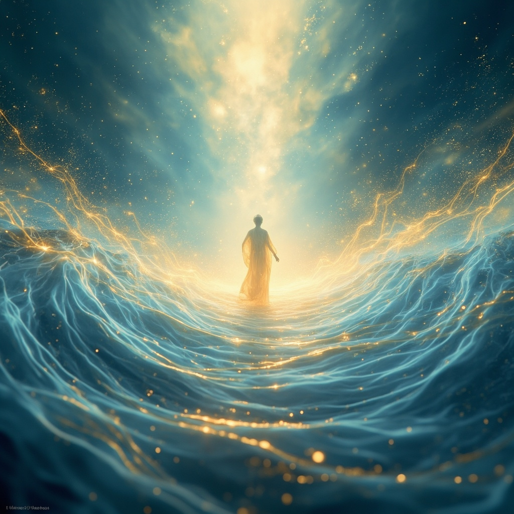A serene, abstract digital representation of calm, flowing light waves merging into a peaceful, centered human silhouette, soft blue and golden hues, high resolution.